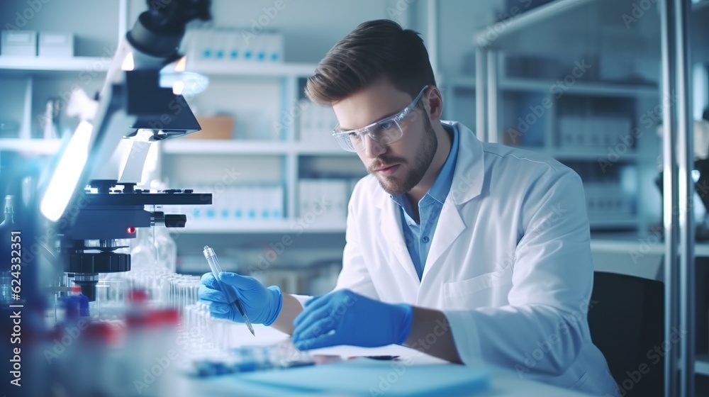 Laboratory of Medical Sciences. An ambitious young biotechnology specialist working with advanced equipment Generative AI Laboratory of Medical Sciences. An ambitious young biotechnology specialist working with advanced equipment Generative AI