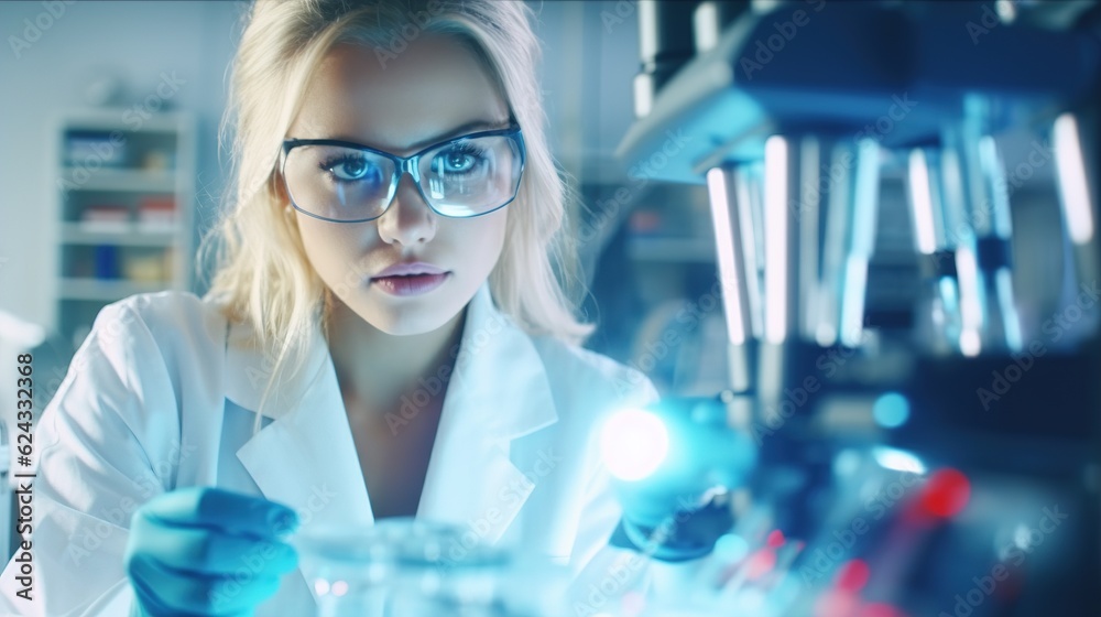 Laboratory of Medical Sciences. An ambitious young biotechnology specialist working with advanced equipment Generative AI Laboratory of Medical Sciences. An ambitious young biotechnology specialist working with advanced equipment Generative AI