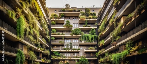 Modern apartment building with extensive greenery on balconies.