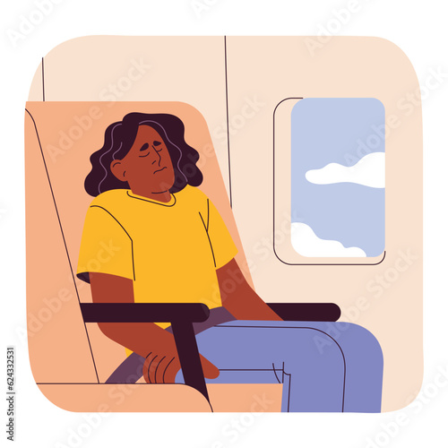 Stressed woman with air flight and airplane phobia. Afraid scared worried person flying with fear of plane travel. Passenger in anxiety and panic. Aerophobia concept. Flat vector illustration