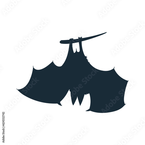 Black silhouette of bat hanging on branch flat style, vector illustration