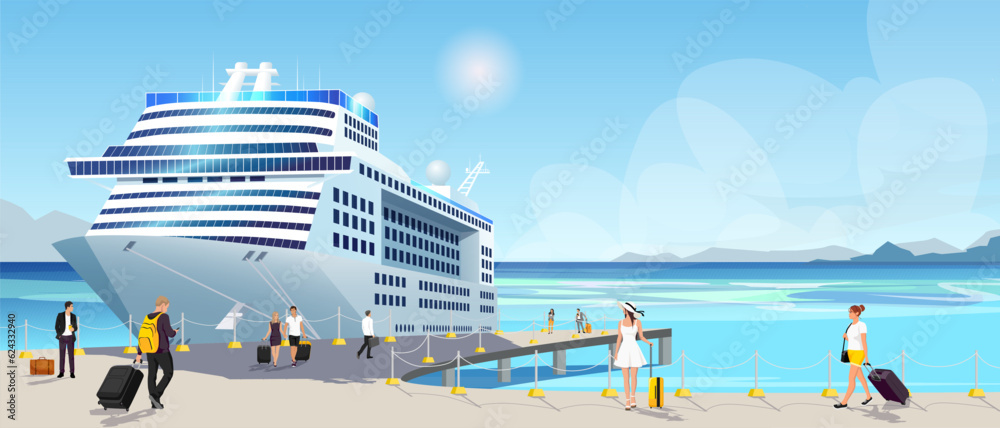 Man and woman boarding no cruise liner, summer travel, carribean sea, water transport, holiday resort, harbor, ocean, passenger, luxury vacation, voyage, recreation, relaxation. Vector illustration - obrazy, fototapety, plakaty 