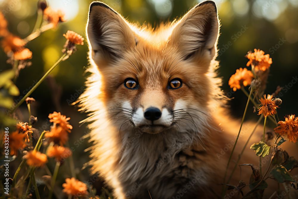 Beautiful adult fox in a field. Close-up photo, portrait of a fox in autumn light. Beautiful adult fox in a field. Close-up photo, portrait of a fox in autumn light.
