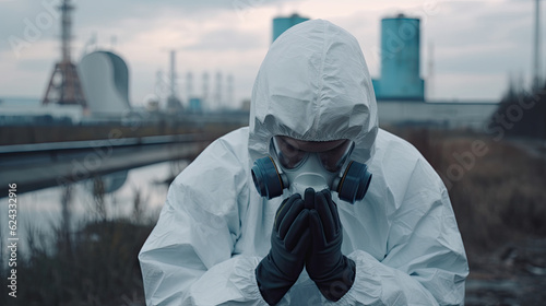 Man in yellow chemical protection suit and face protective mask Praying against the backdrop of a nuclear power plant. Radioactive contamination, terrorist act in radioactive materials. photo