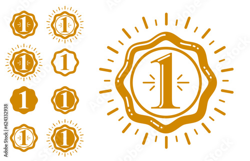 First place number one business success and triumph vector labels set isolated over white, graphic design elements, geometric vintage classic emblems collection, simplistic old style icons.