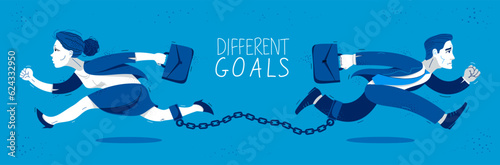 Businessman and businesswoman run in a different directions linked by a shackles to their legs vector illustration, different goals concept, man and woman business competition.