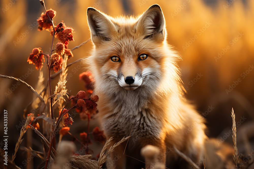 Beautiful adult fox in a field. Close-up photo, portrait of a fox in autumn light. Beautiful adult fox in a field. Close-up photo, portrait of a fox in autumn light.