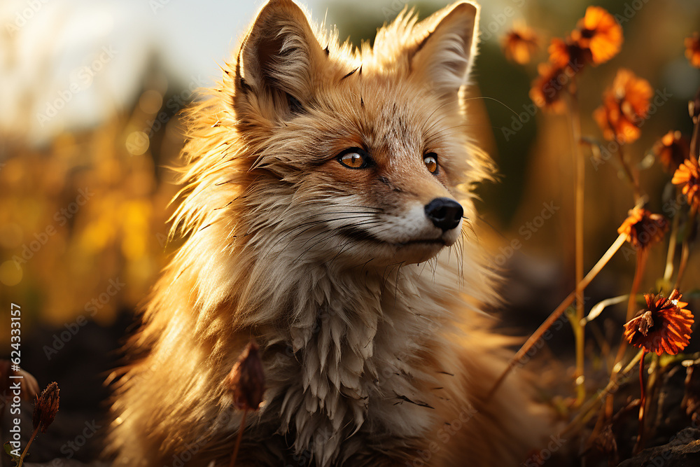 Beautiful adult fox in a field. Close-up photo, portrait of a fox in autumn light.