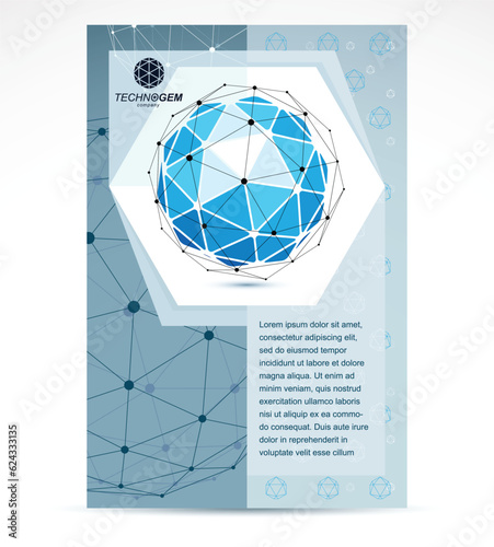 Digital technologies company advertising flyer. Abstract blue isometric construction, low poly vector.