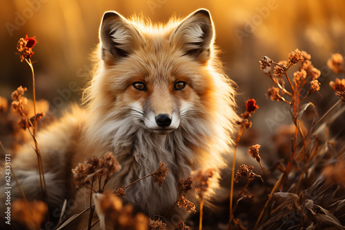Beautiful adult fox in a field. Close-up photo, portrait of a fox in autumn light.