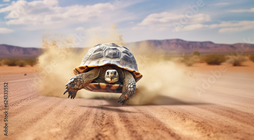 Fast turtle running at full speed in the desert
