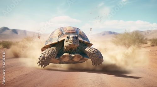Fast turtle running at full speed in the desert