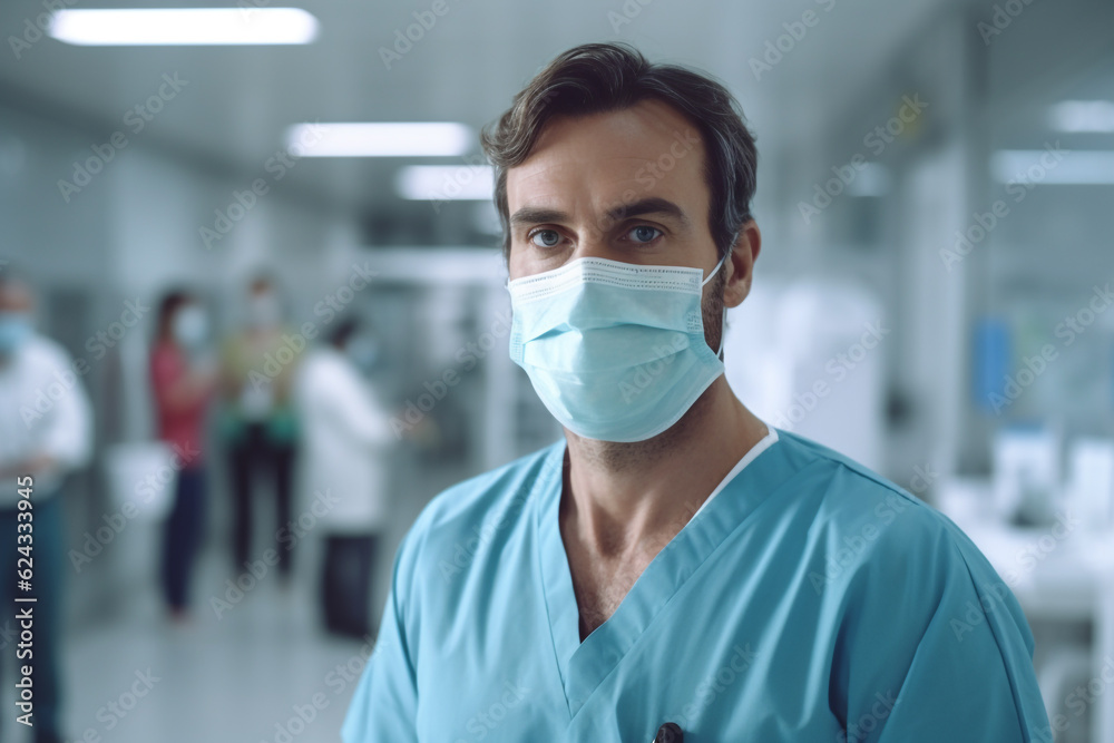 Health care and medicine concept. Close-up portrait of doctor man with surgical or medicine mask looking at camera. Model wearing medicine clothes. Generative AI Health care and medicine concept. Close-up portrait of doctor man with surgical or medicine mask looking at camera. Model wearing medicine clothes. Generative AI