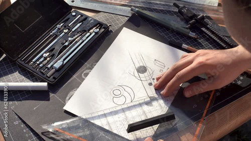 Architect and designer working accurately on a project drawing sketches and technical drafts on paper using professional tools like rulers compass and triangle logo design top view over the shoulder