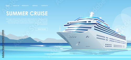 Summer cruise, travel, website, booking ticket, sea liner, vacation, holiday journey, advertising landing, recreation, tourist, web page, nautical voyage, cartoon, sky, island. Vector illustration