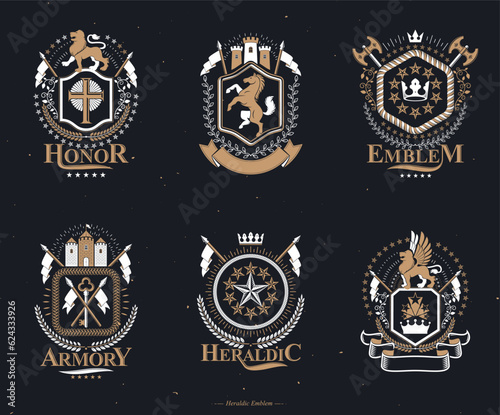 Set of luxury heraldic vector templates. Collection of vector symbolic blazons made using graphic elements, royal crowns, medieval castles, armory and religious crosses. photo