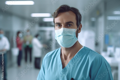 Health care and medicine concept. Close-up portrait of doctor man with surgical or medicine mask looking at camera. Model wearing medicine clothes. Generative AI