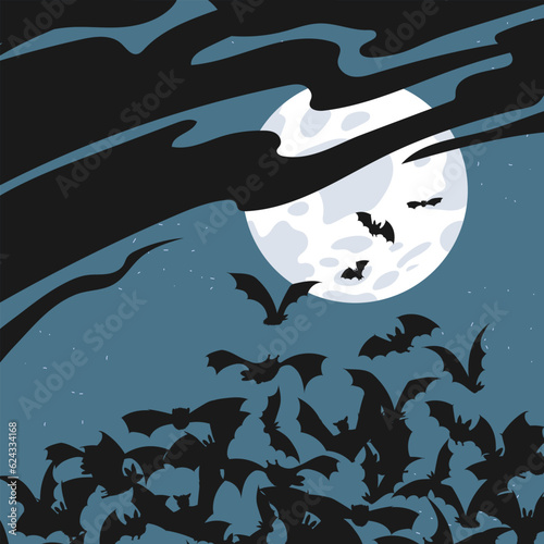 Full moon, clouds and a huge flock of black bats in the night, halloween vector cartoon background illustration