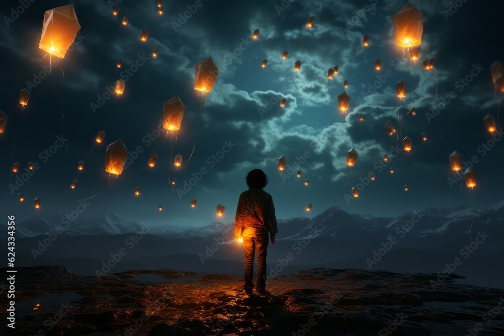 Person releasing a paper lantern into the night sky, signifying the release of burdens and the freedom of the soul's journey. Generative AI