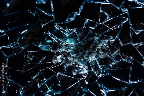 Shattered transparent glass on black background. Broken glass. Broken window.