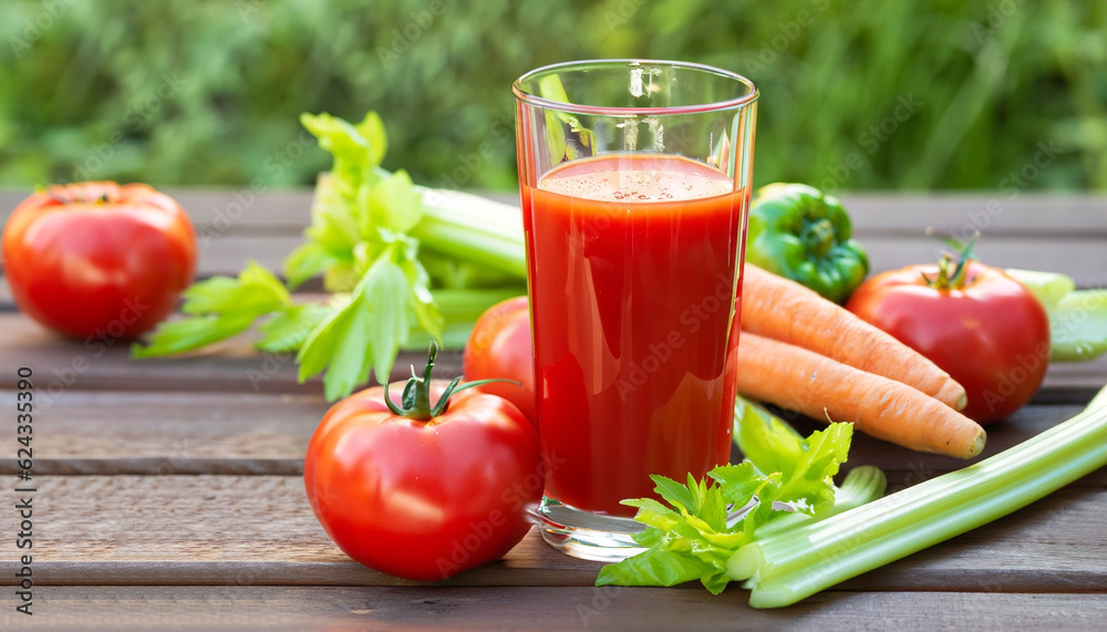 fresh tomato juice in glass with celery sticks and heap of ripe vegetables on wooden table outdoors fresh tomato juice in glass with celery sticks and heap of ripe vegetables on wooden table outdoors