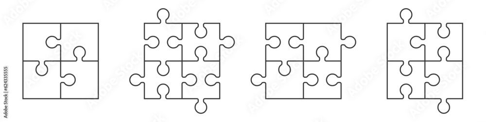 Puzzles grid. Jigsaw puzzle transparent line blank template.
