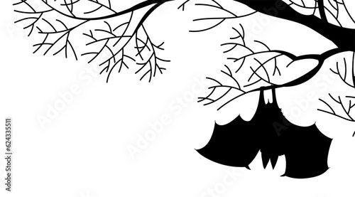 Spooky bat hanging upside down on tree branch, black silhouette, flat vector illustration isolated on white background.