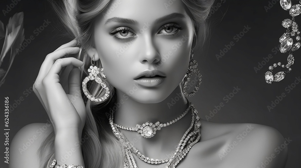 Obraz premium Beautiful woman with beautiful jewelry. Generative AI