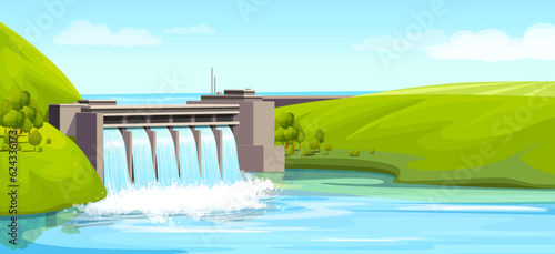 Hydroelectric power station, river, water, renewable energy, resource, electric industrial technology, factory, natural, environment, landscape. Vector illustration photo