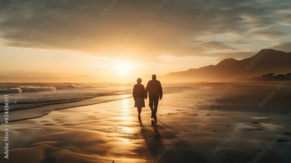 Back view of Senior couple walking. Generative AI