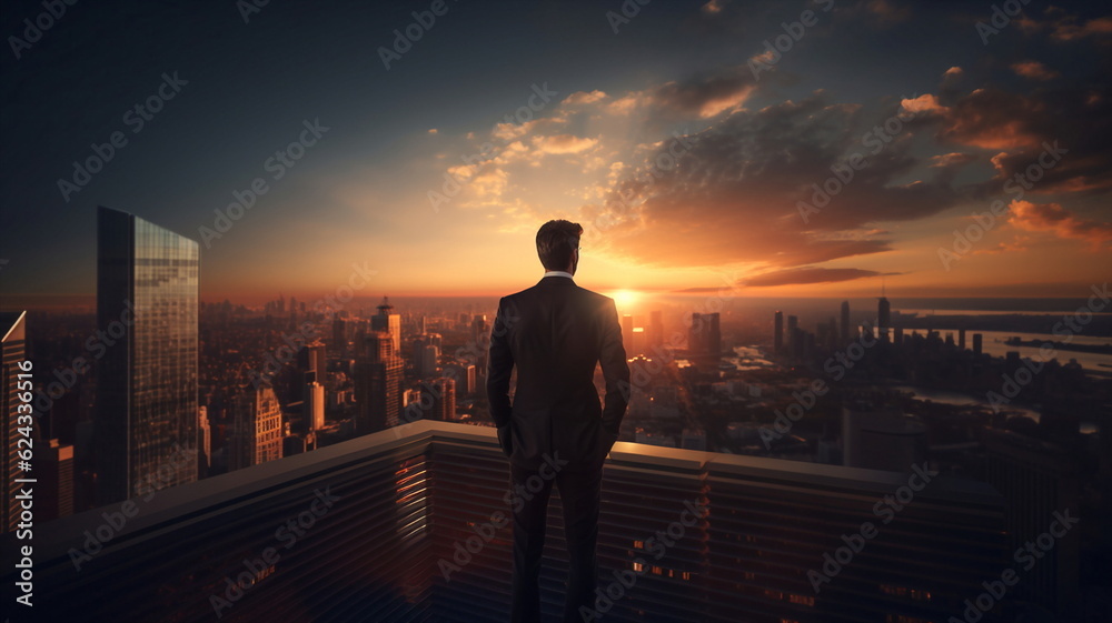 man  stand on penthouse watching sunset on evening sky on city
