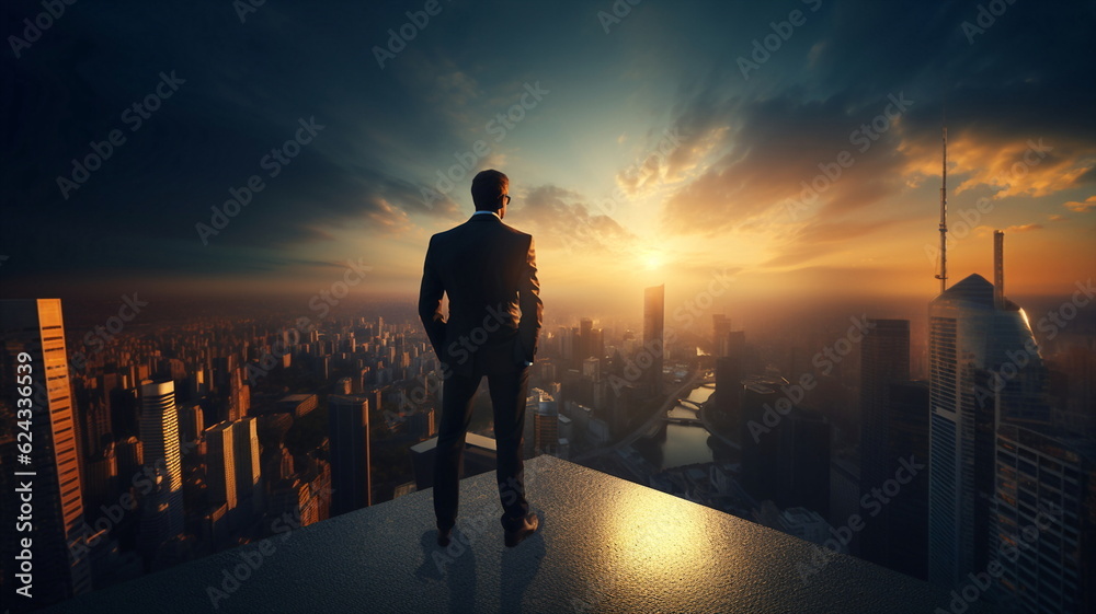 man stand on penthouse watching sunset on evening sky on city man stand on penthouse watching sunset on evening sky on city