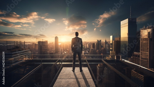 man  stand on penthouse watching sunset on evening sky on city © Aleksandr