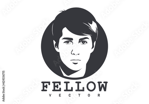 Vector black and white emblem or icon. The face of a handsome young man in a circle. Graphic portrait of a fellow. Isolated background.