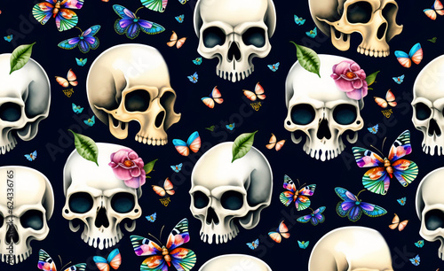 seamless pattern of skulls and colorful butterflys
