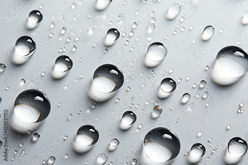 Drops of water on a white background. High-detailed close-up photo of drops of water on shiny background.