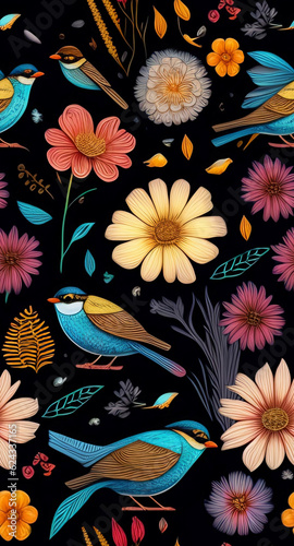 Seamless pattern of birds and floral area