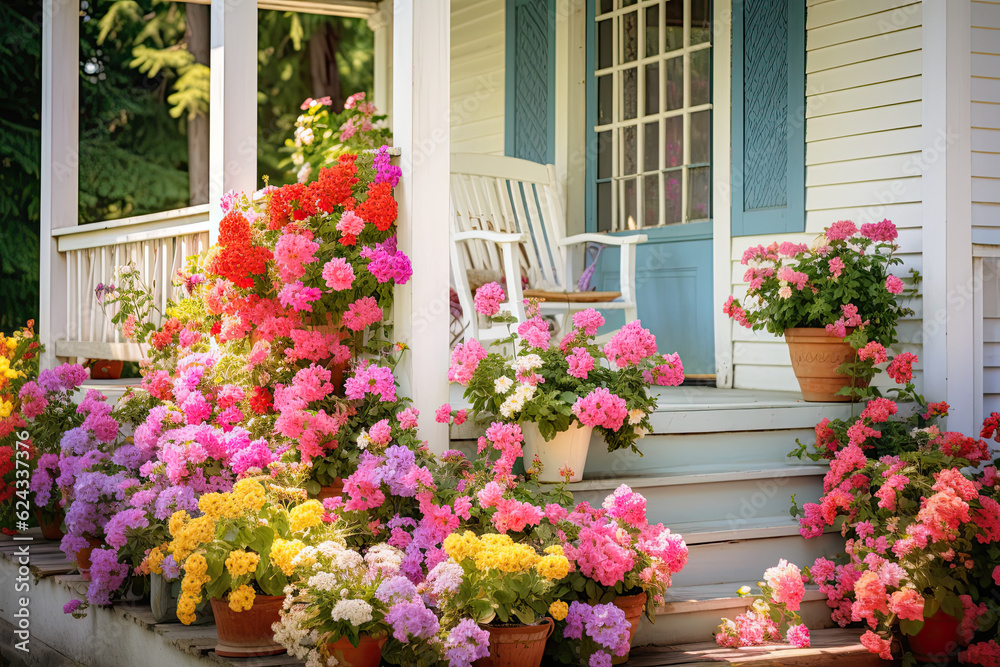 flowers in pots on the front door of the house 