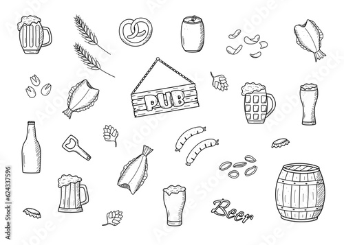 Beer doodle icons set. Vector illustration of Pub elements beer and snacks. Sketch drawing Oktoberfest or bar.