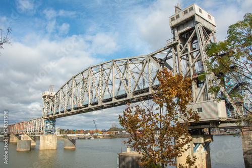 The historic Junction Bridge, the lift-span pedestrian bridge crossing the Arkansas River between downtown Little Rock and North Little Rock, Pulaski County, Arkansas, USA