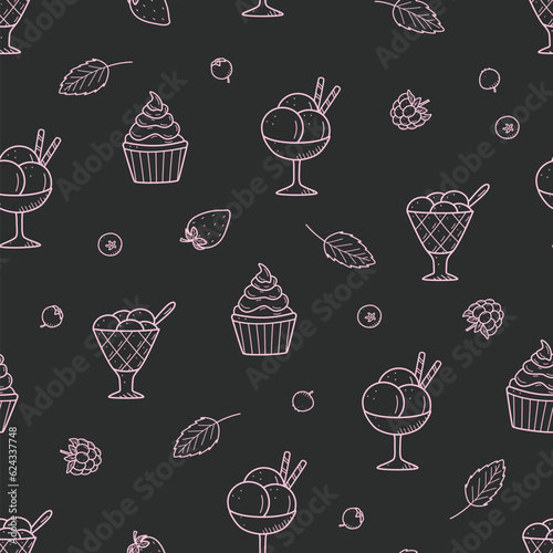 Ice cream set in creamers and baskets and summer berries. Seamless pattern of summer dessert doodle style. Wallpaper background vector illustration.