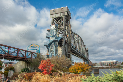 The historic Junction Bridge, the lift-span pedestrian bridge crossing the Arkansas River between downtown Little Rock and North Little Rock, Pulaski County, Arkansas, USA