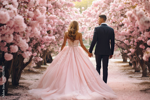 Stampa su tela Bride and groom walking, wedding ceremony,  back view