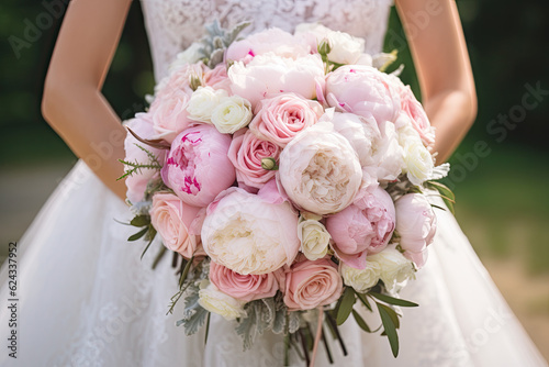 bride holding bouquet of pink, white peonies flowers