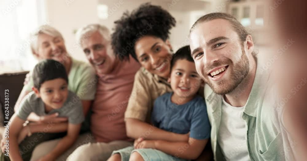 Selfie, happy and face of a big family in living room relaxing, bonding and spending time together. Smile, love and portrait of boy children sitting with interracial parents and grandparents at home.