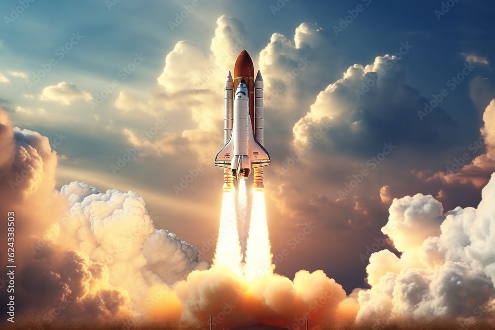 Soaring Beyond: Space Shuttle Launch Concept with Clouds and Background, Generative AI