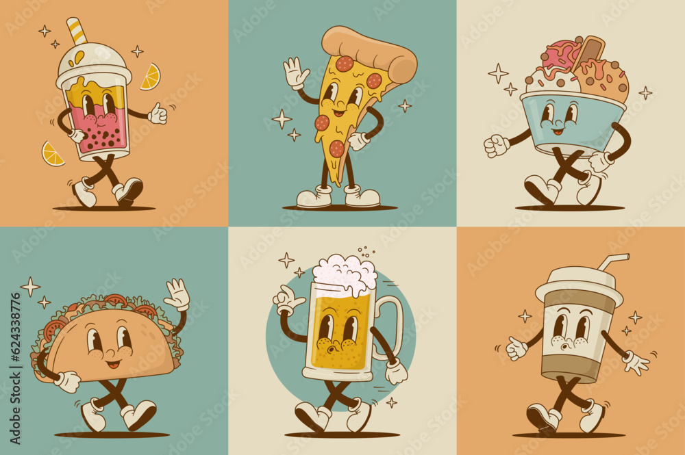Set of retro cartoon funny characters. Pizza, beer, cappuccino, taco, bubble tea, ice cream mascot. Vintage street food and drink vector illustration. Nostalgia 60s, 70s, 80s