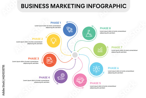Circle Spin Infographic with 8 options, parts, steps, timelines or processes. Vector Illustration.