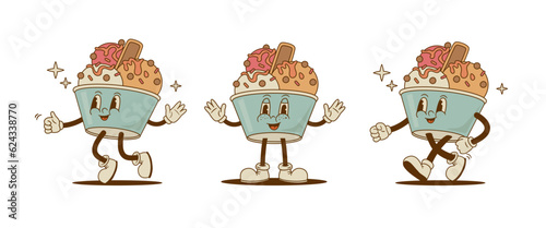 Set of retro cartoon funny  Ice cream characters with different poses. Icecream scoop mascot. Vintage street food vector illustration. Nostalgia 60s, 70s, 80s