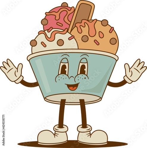 Retro cartoon funny  Ice cream character, cute mascot. Vintage street food vector illustration. Nostalgia 60s, 70s, 80s